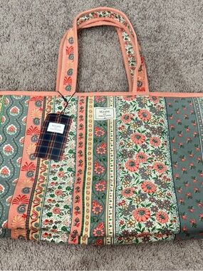 Sezane Coral and Sage Floral Stripe Tote
